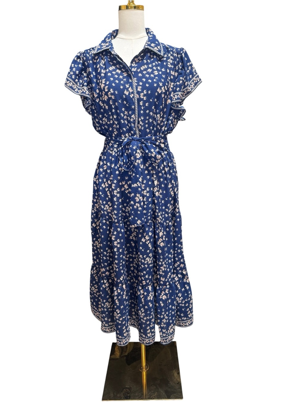 Max Studio Floral Tie Waist Flutter Sleeve Tiered Midi Dress Blue XL - Picture 5 of 8
